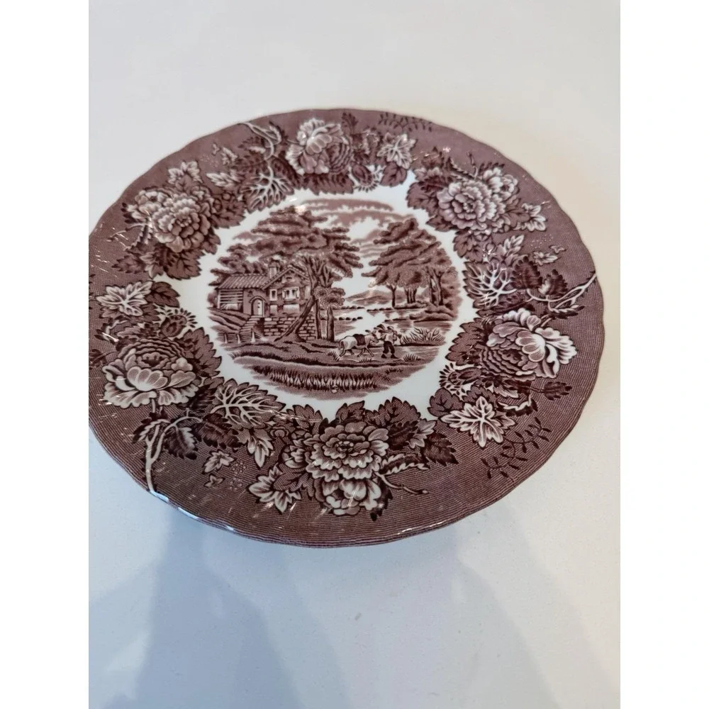 Vintage Wood & Sons Maroon‎ Transferware Salad Plates Lot of 2 English Floral